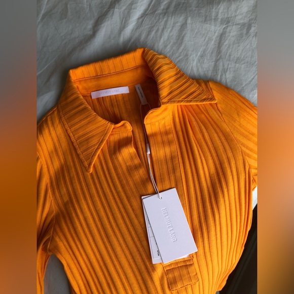 NWT Helmut Lang Cotton Cropped Rib Knit Long Sleeve Polo in Orange, Size XS - Picture 10 of 14